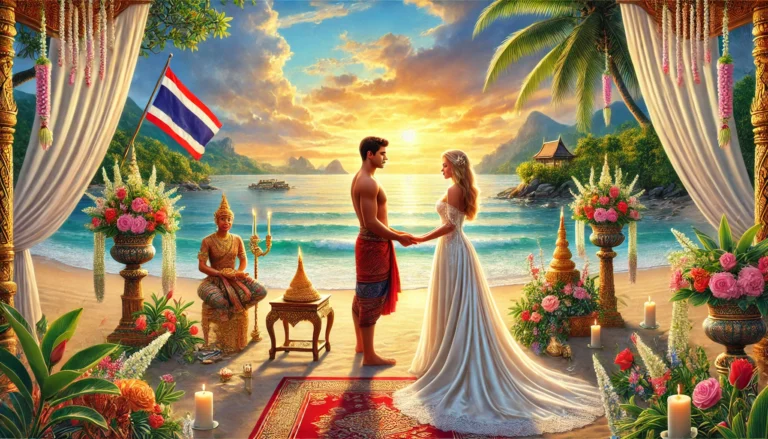 SiamConsult - Thai man and a blonde Western woman celebrating their marriage